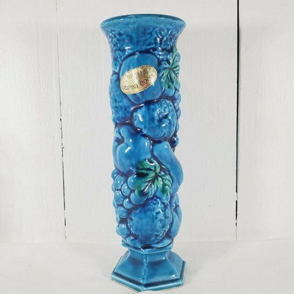 Vintage Inarco Pottery Blue Mood Indigo 8" Bud Vase E 3096 signed gold labels - Picture 1 of 11